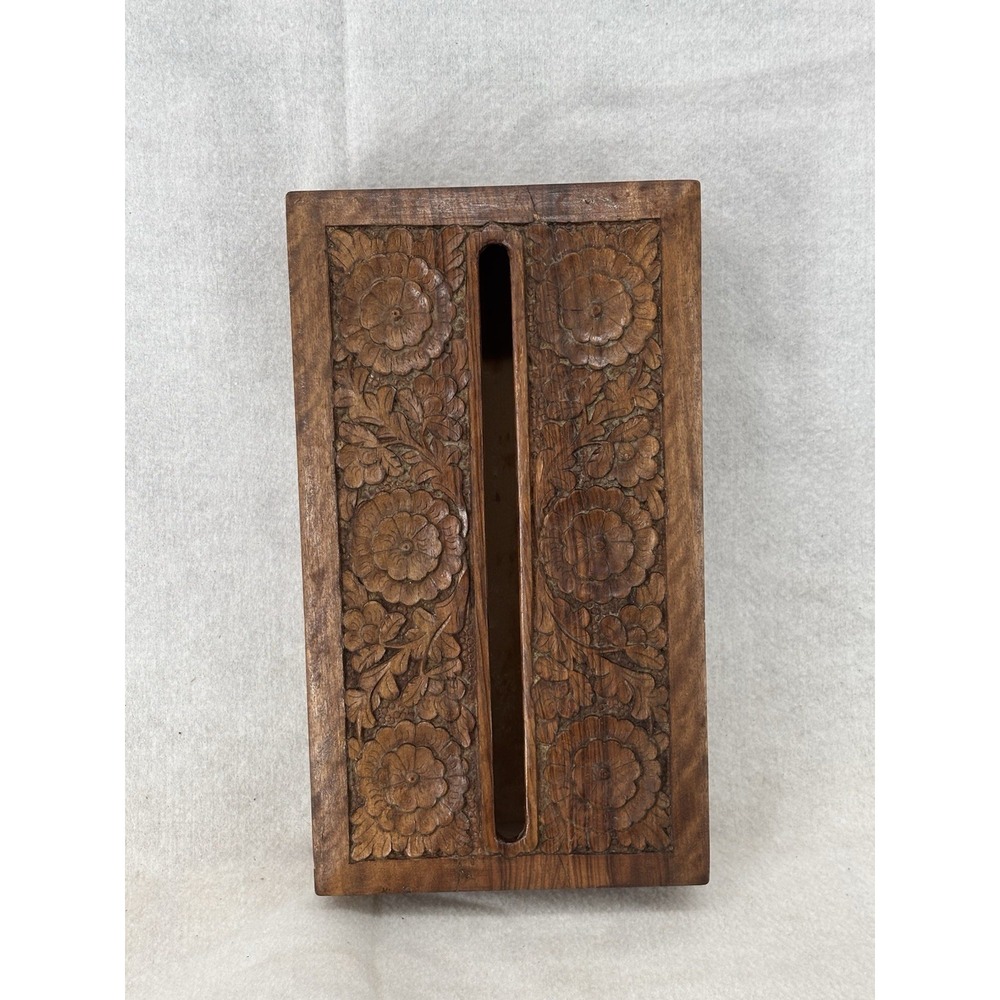 Hand Carved Floral Wooden Tissue Box Cover Holder Case with Removable Bottom